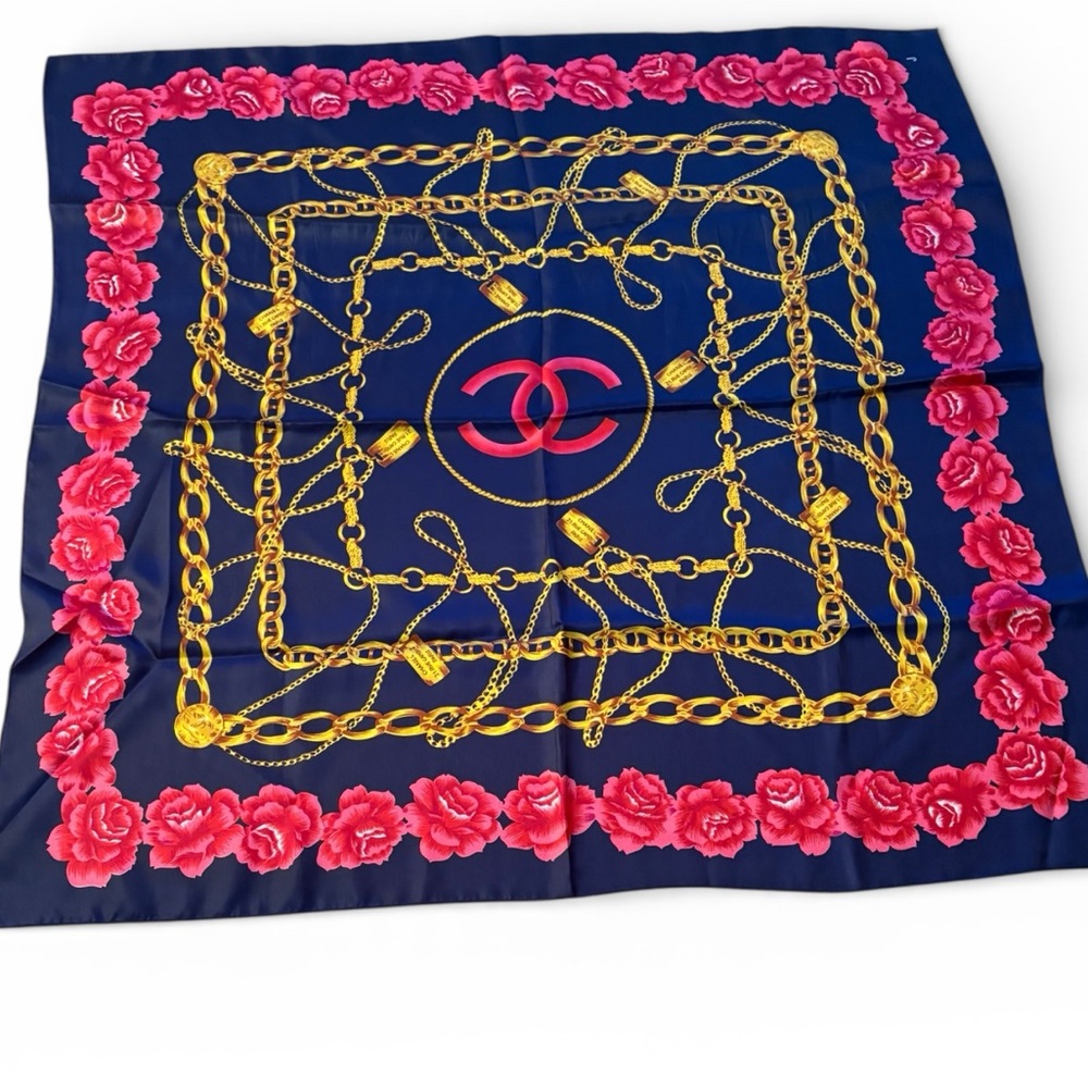CHANEL Vintage  Navy Silk Scarf with Pink Rose Border and Gold Chain Motif